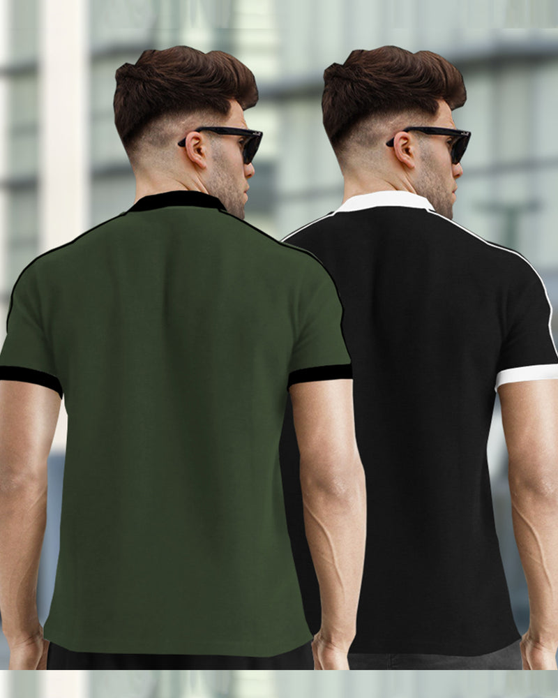 Mens Henely Neck Half Sleeve T-shirts (Pack Of 2) / Dark Green & Black