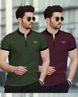 Mens Henely Neck Half Sleeve T-shirts (Pack Of 2) / Dark Green & Maroon