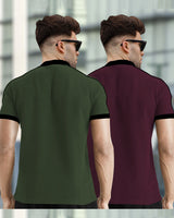 Mens Henely Neck Half Sleeve T-shirts (Pack Of 2) / Dark Green & Maroon