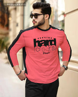 Men Full Sleeve Dual Colors Pink-Black Typography Round Neck Tshirt