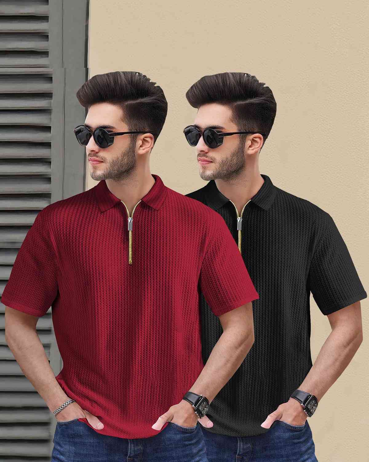 (Pack Of 2) Men Red & Black Textured Polo Half Sleeve Waffle T-shirts
