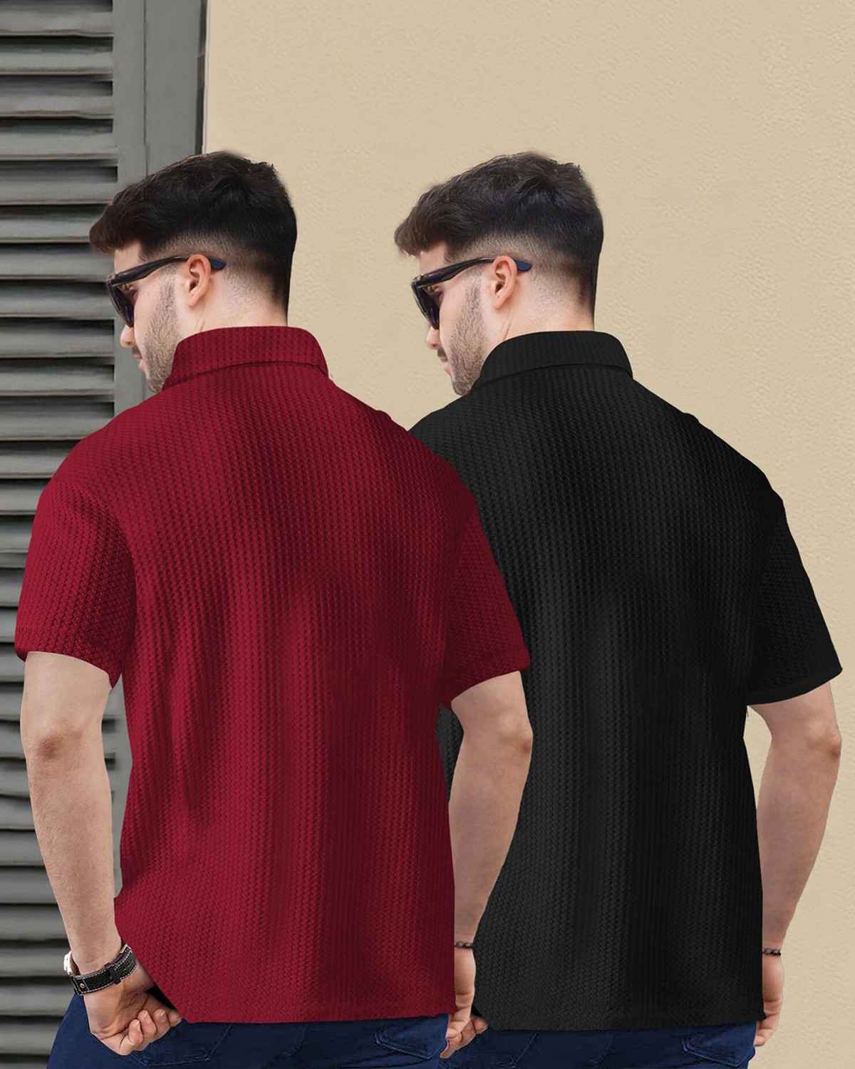 (Pack Of 2) Men Red & Black Textured Polo Half Sleeve Waffle T-shirts