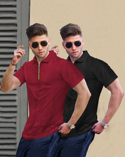 (Pack Of 2) Men Red & Black Textured Polo Half Sleeve Waffle T-shirts