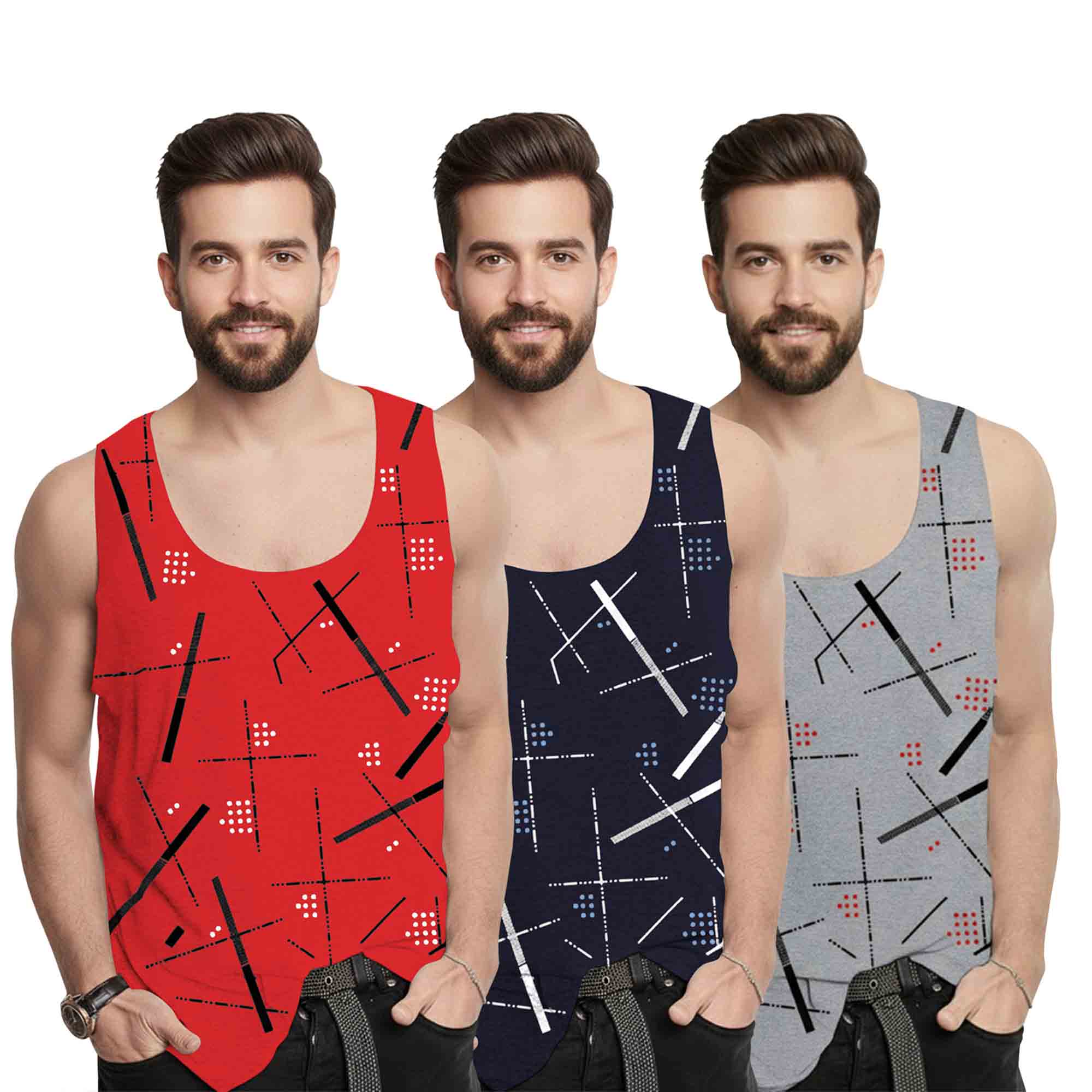 (Pack of 3) Multicolor Men Printed Vest