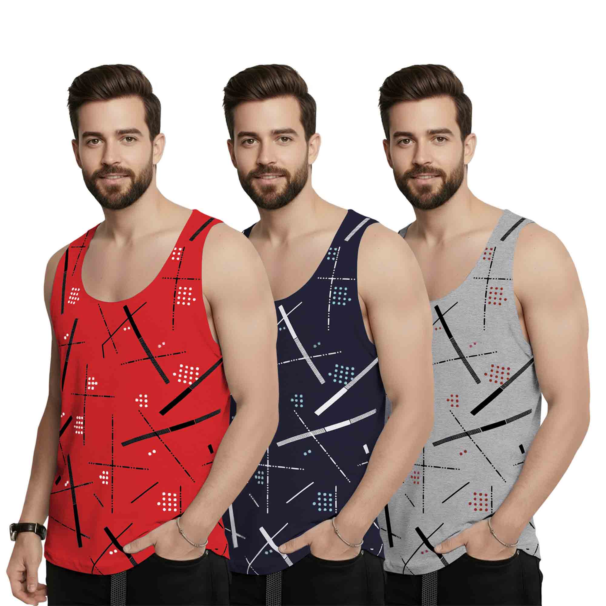 (Pack of 3) Multicolor Men Printed Vest
