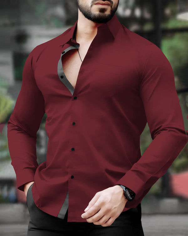 MEN PLAIN STRIPED COLLAR RED FULL HAND SHIRT