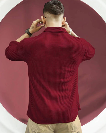 Zip Relaxed Fit Double Poacket Full Sleeve Waffle Shirt / Red