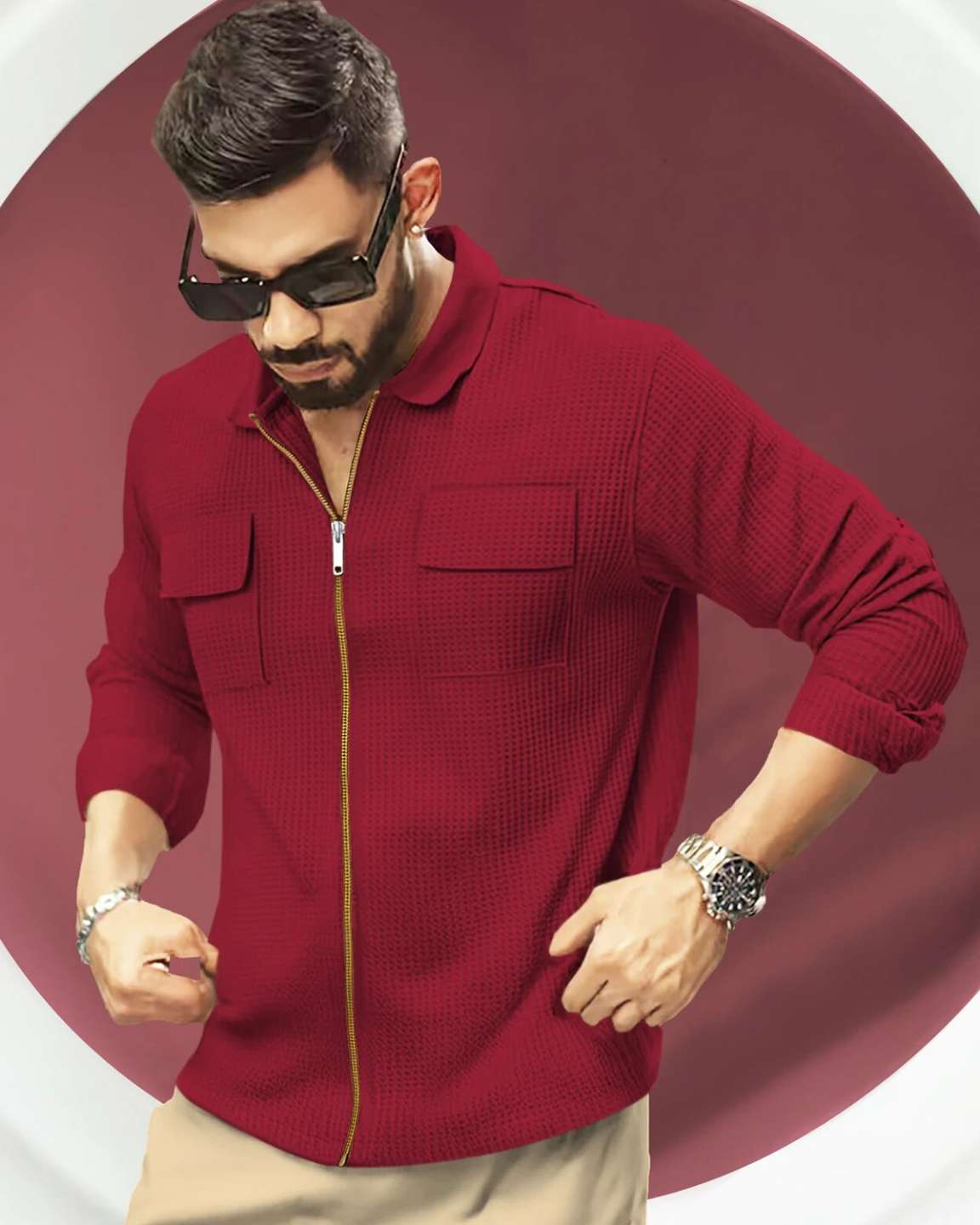 Zip Relaxed Fit Double Poacket Full Sleeve Waffle Shirt / Red