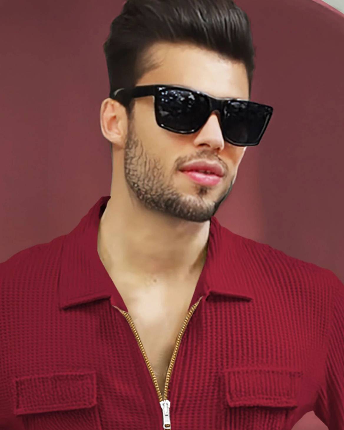 Zip Relaxed Fit Double Poacket Full Sleeve Waffle Shirt / Red