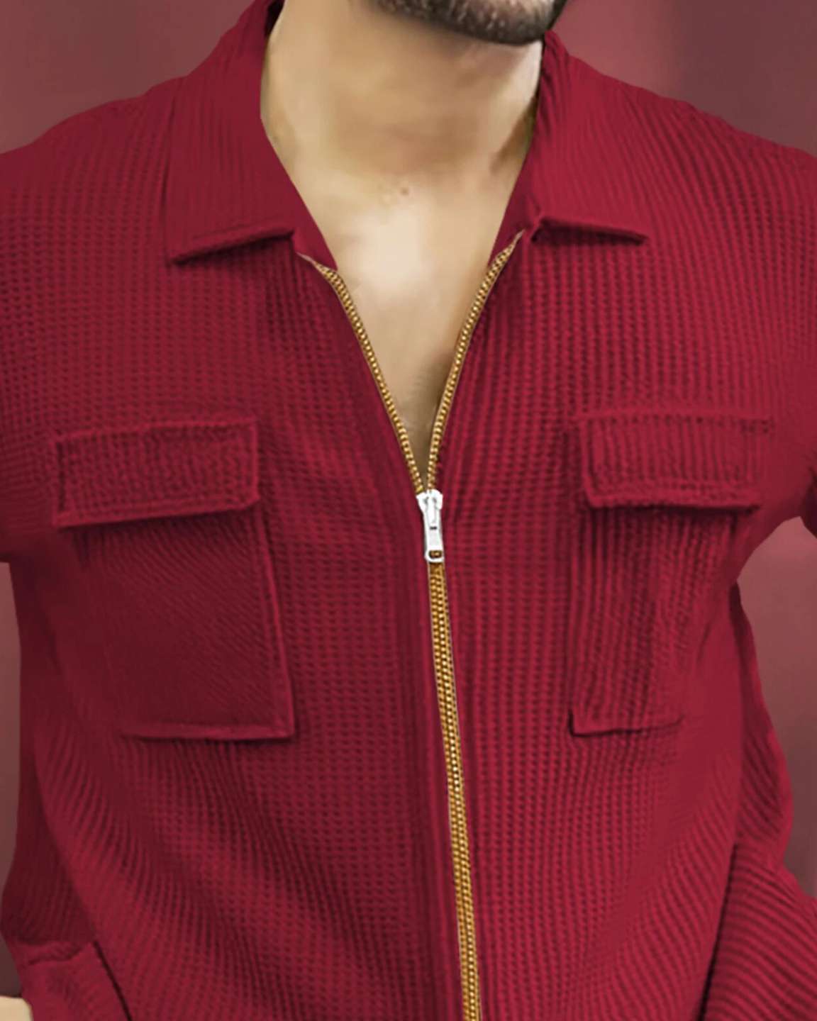 Zip Relaxed Fit Double Poacket Full Sleeve Waffle Shirt / Red
