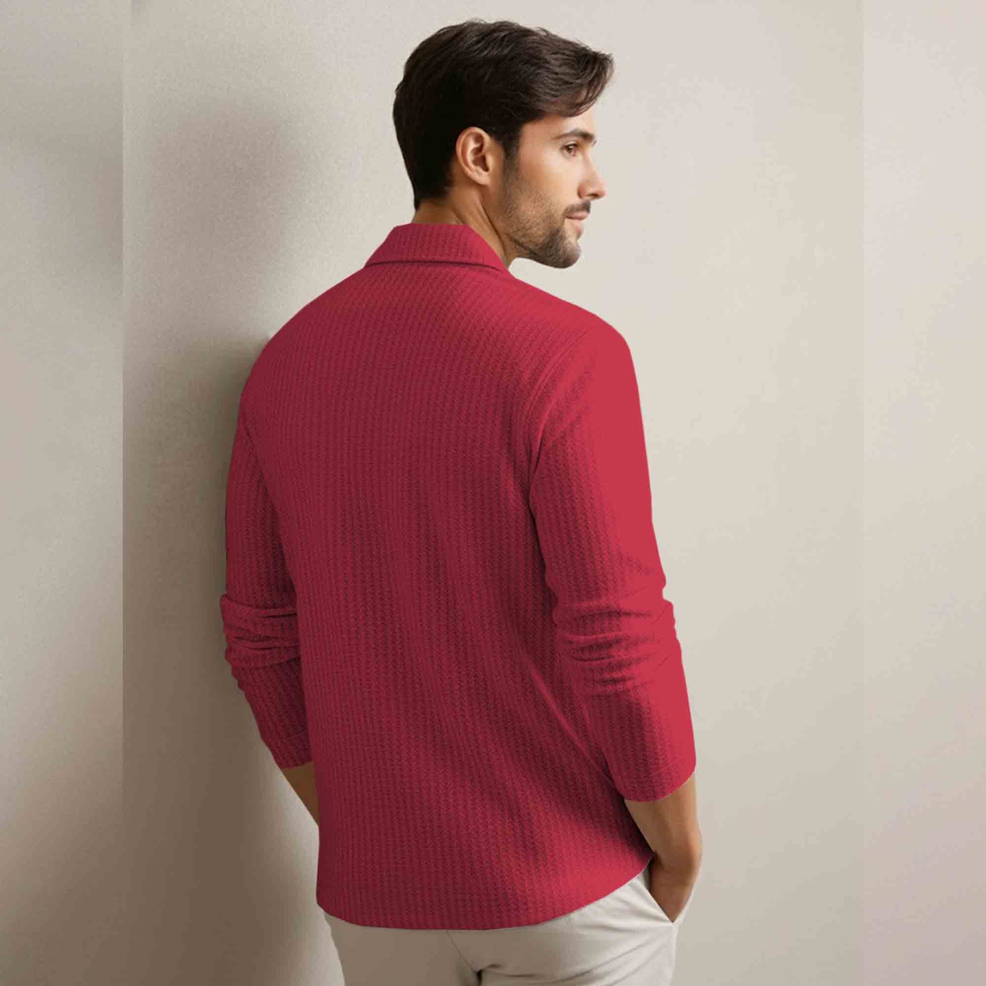 Men Smart Casual Full Sleeve Textured Pattern Vertical Stripes Red Shirt