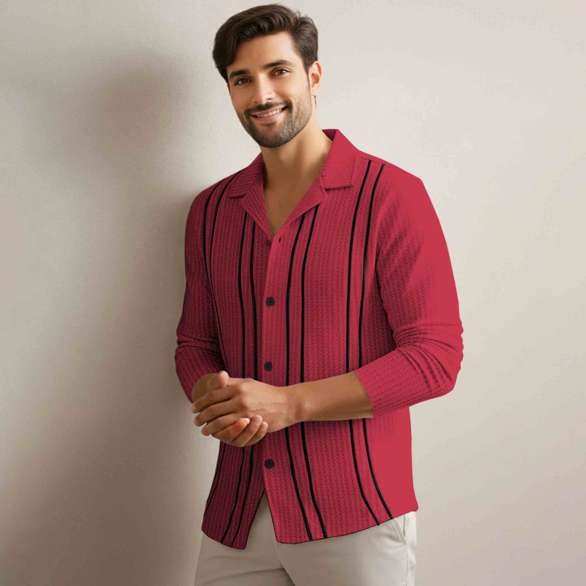 Men Smart Casual Full Sleeve Textured Pattern Vertical Stripes Red Shirt