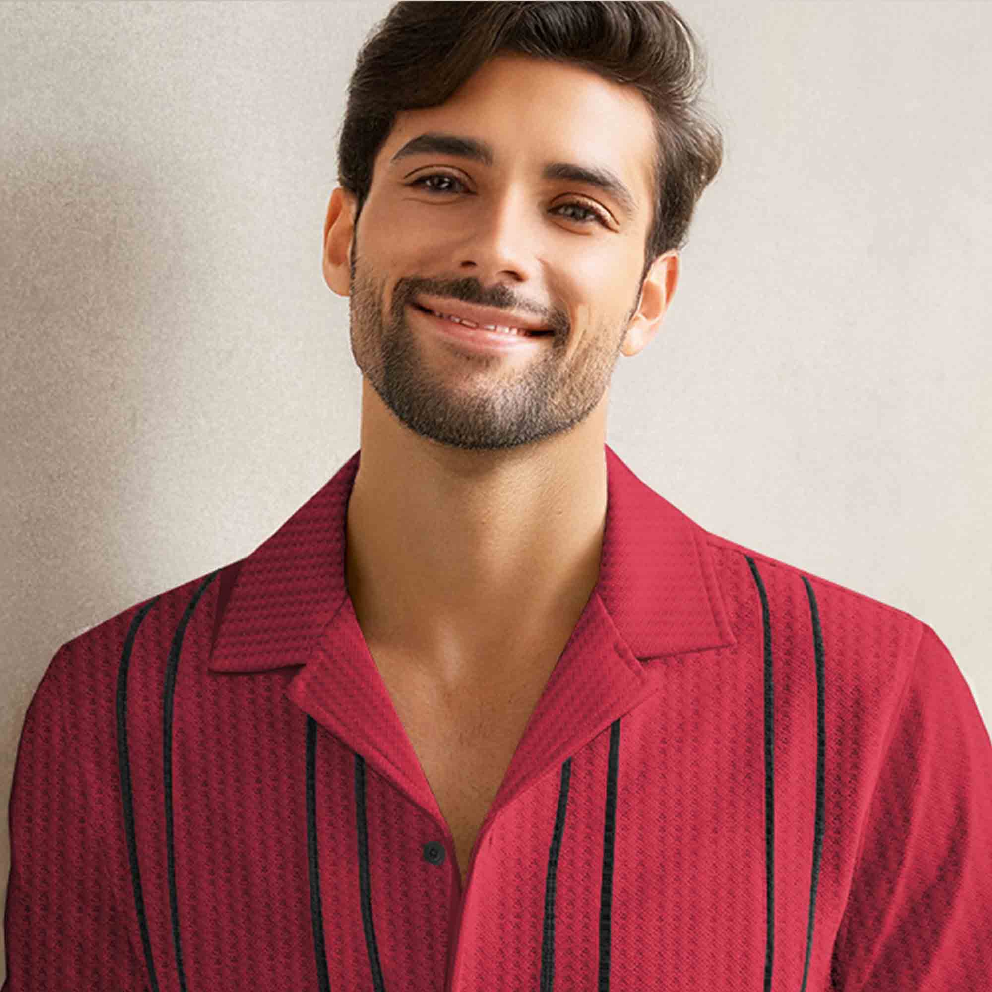 Men Smart Casual Full Sleeve Textured Pattern Vertical Stripes Red Shirt