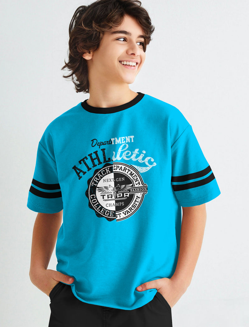 Boys Oversized Typography Skyblue Black Contrast T-Shirt