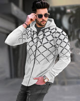 Men Printed Hooded Winter Jacket / White Melange