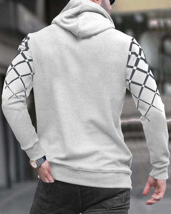 Men Printed Hooded Winter Jacket / White Melange