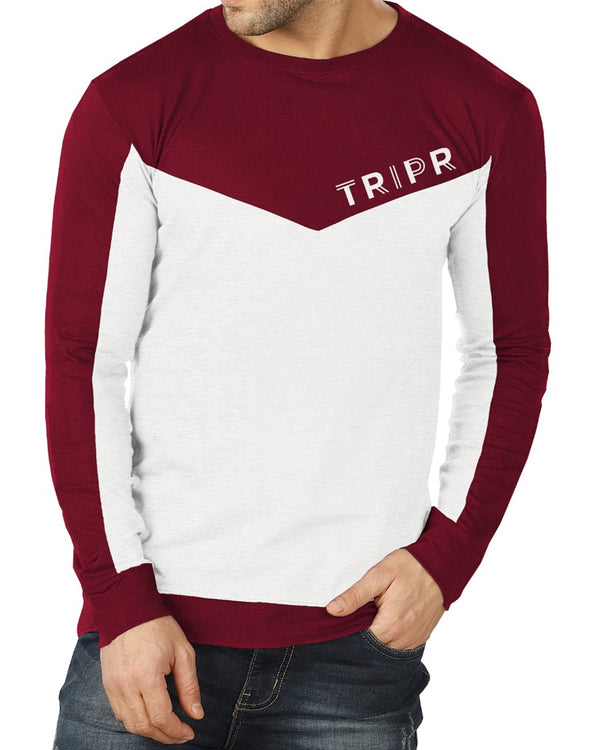 Mens Full Sleeve Round Neck T-shirt / Maroon and Grey