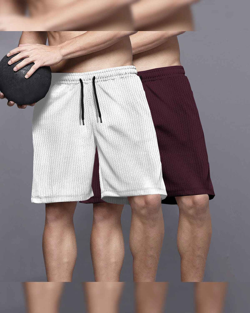 (Pack Of 2) Men Plain Waffle Shorts / White & Maroon
