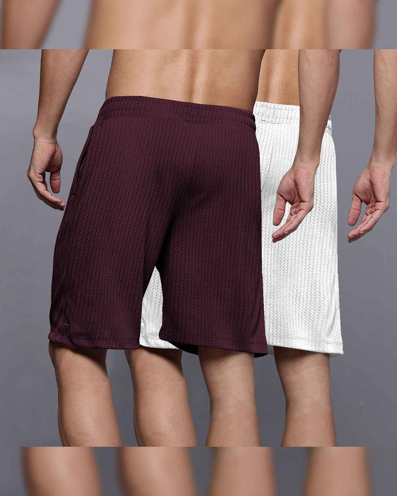 (Pack Of 2) Men Plain Waffle Shorts / White & Maroon