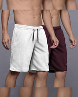 (Pack Of 2) Men Plain Waffle Shorts / White & Maroon