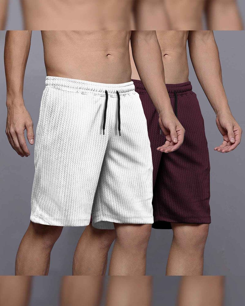 (Pack Of 2) Men Plain Waffle Shorts / White & Maroon