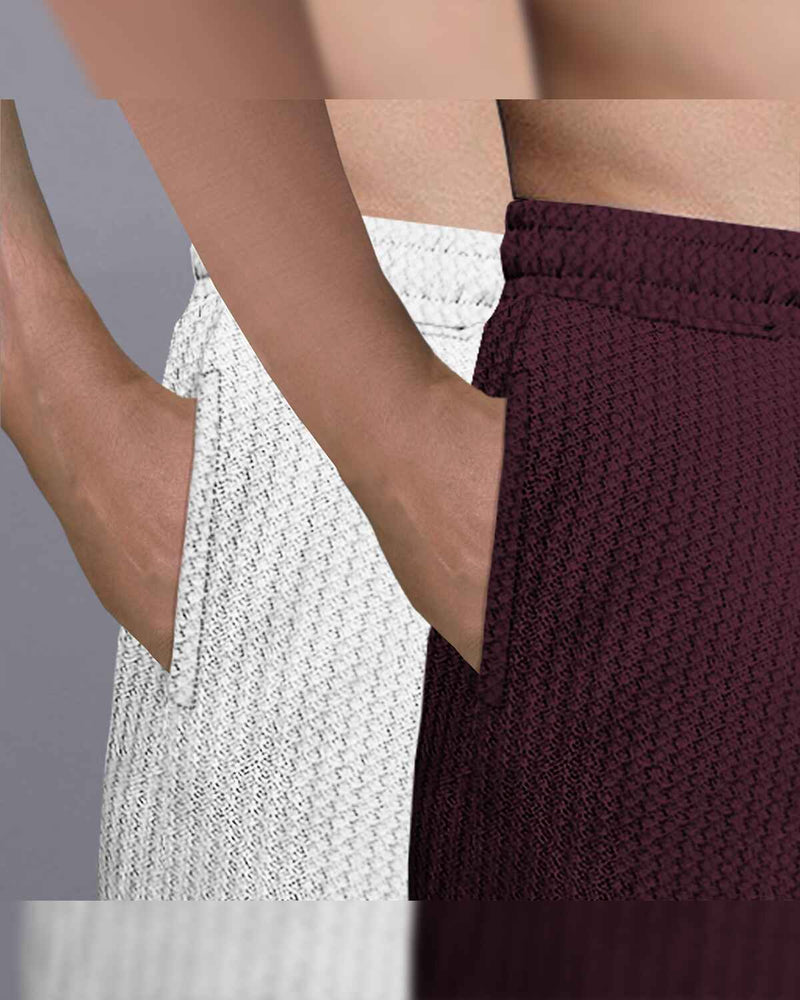 (Pack Of 2) Men Plain Waffle Shorts / White & Maroon