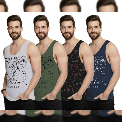 (Pack Of 4) Men Printed Vest Multicolor