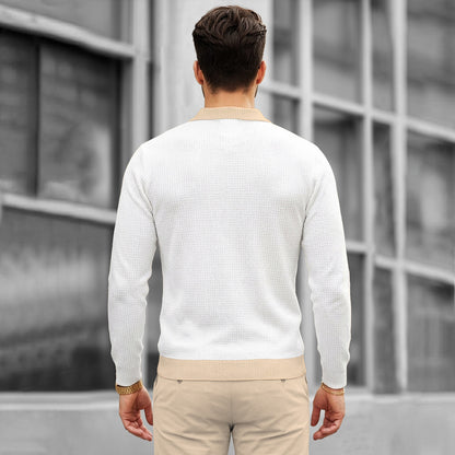 Color Blaocked Quarter Zip Polo Neck Vertical Striped Full Sleeve T-shirt White & Beige