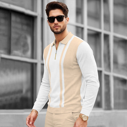Color Blaocked Quarter Zip Polo Neck Vertical Striped Full Sleeve T-shirt White & Beige