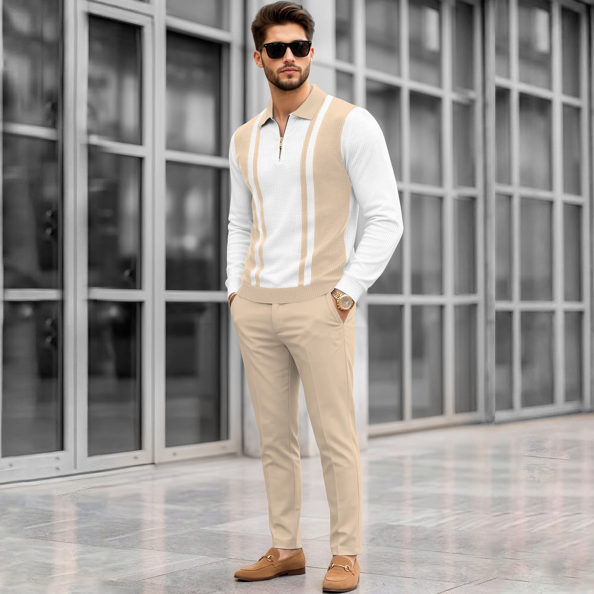 Color Blaocked Quarter Zip Polo Neck Vertical Striped Full Sleeve T-shirt White & Beige