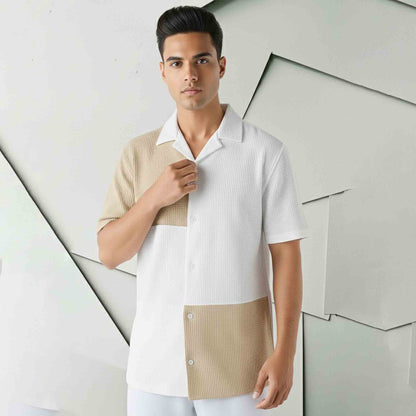 Mens Textured Pattren Half Sleeve White & Beige Shirt