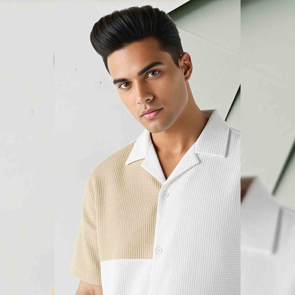 Mens Textured Pattren Half Sleeve White & Beige Shirt