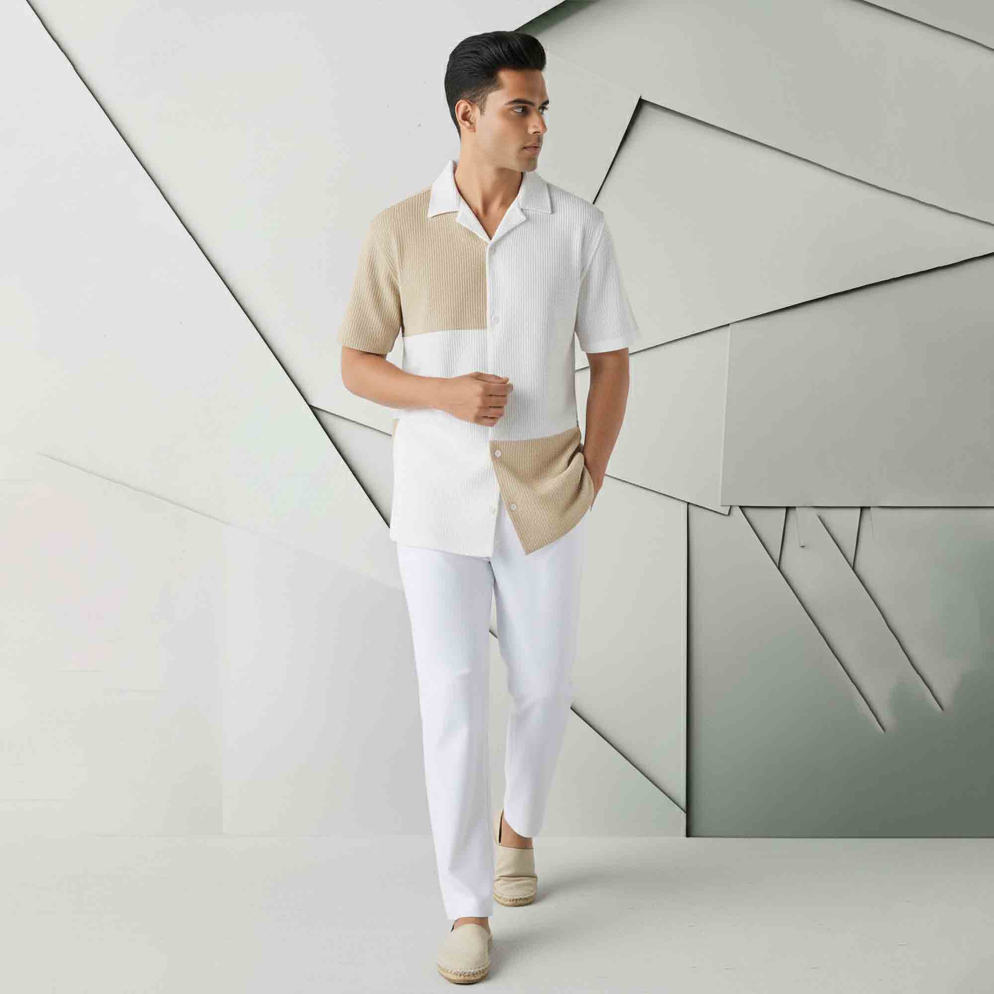 Mens Textured Pattren Half Sleeve White & Beige Shirt