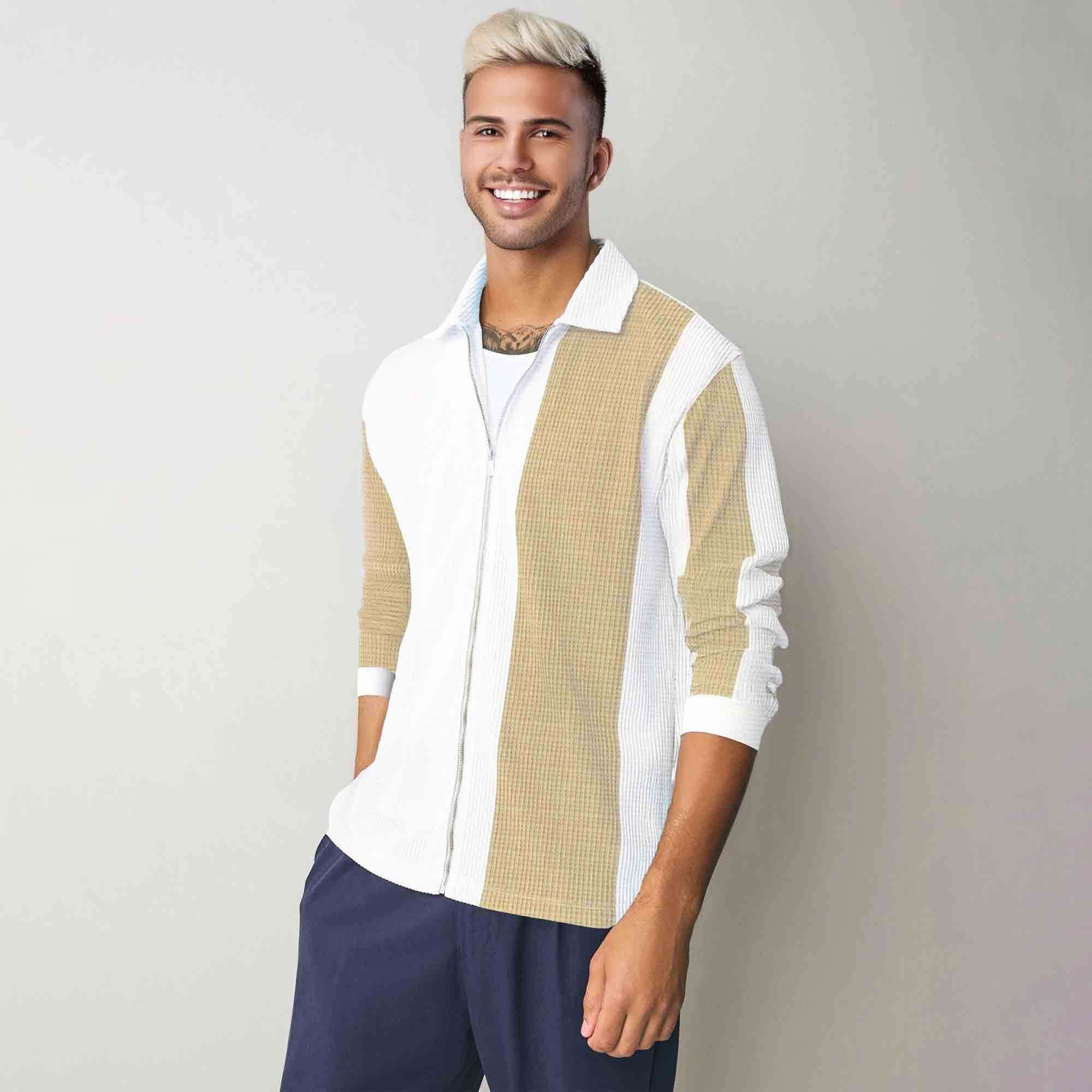 Mens Regular Fit Striped Casual Zipper Shirt White & Beige