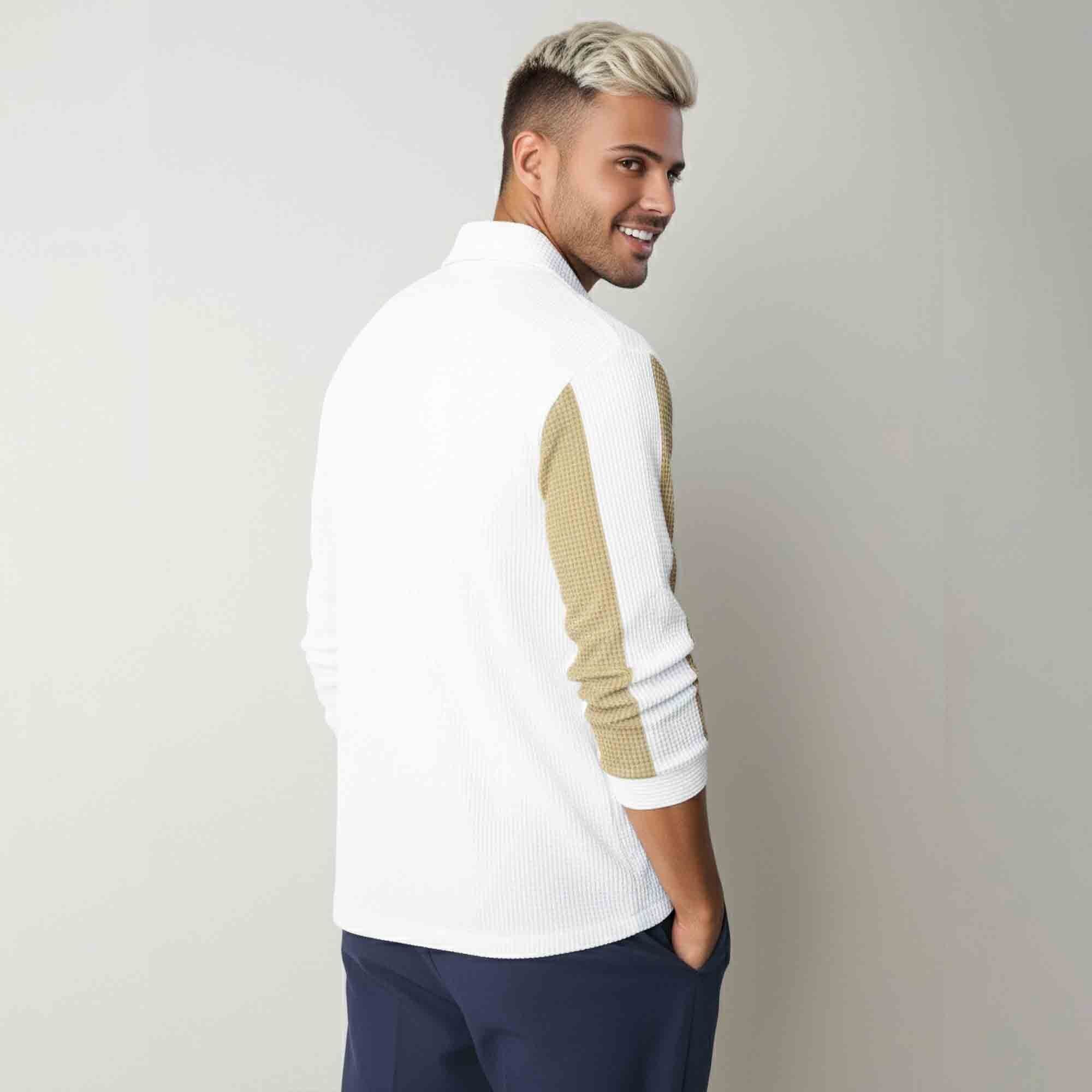 Mens Regular Fit Striped Casual Zipper Shirt White & Beige