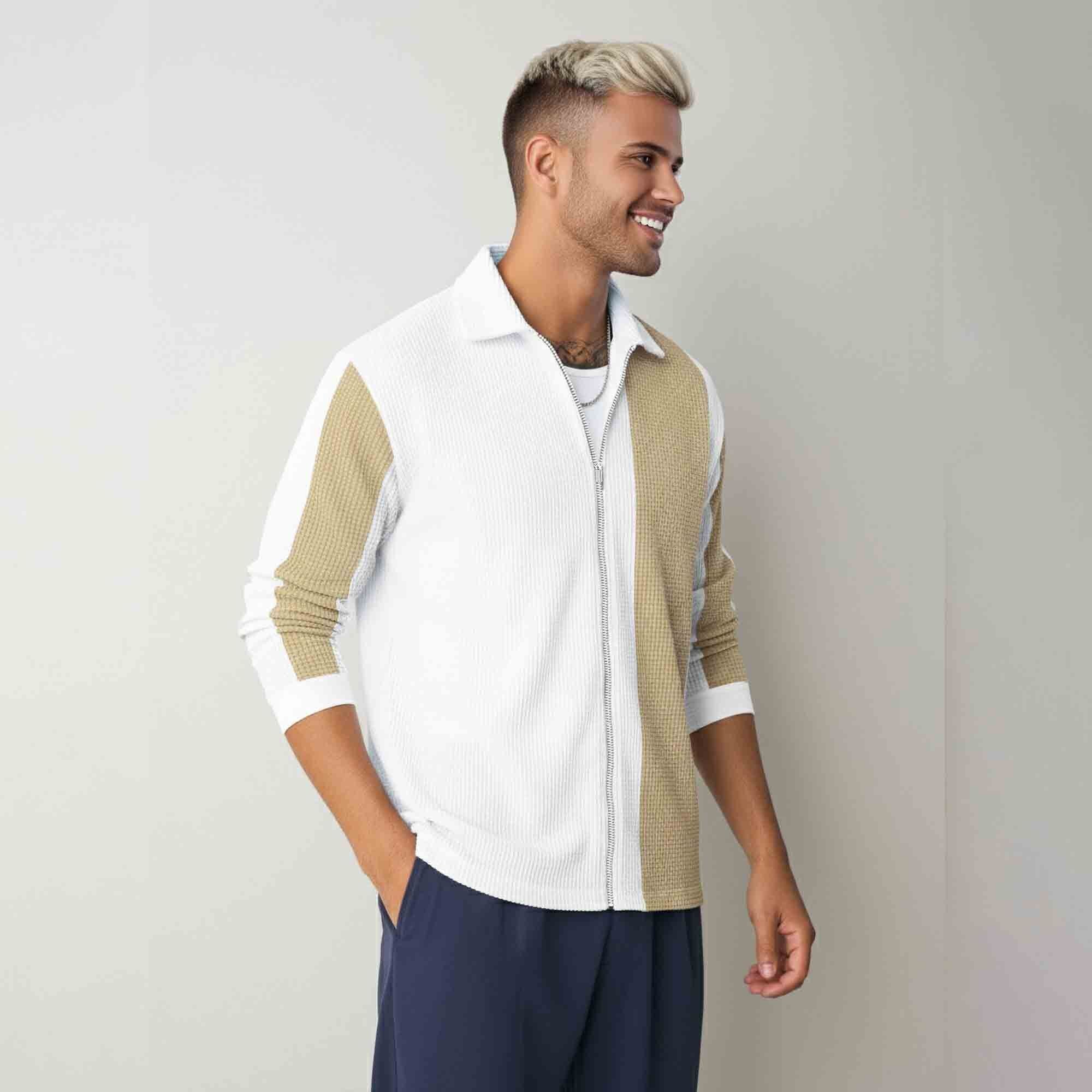 Mens Regular Fit Striped Casual Zipper Shirt White & Beige