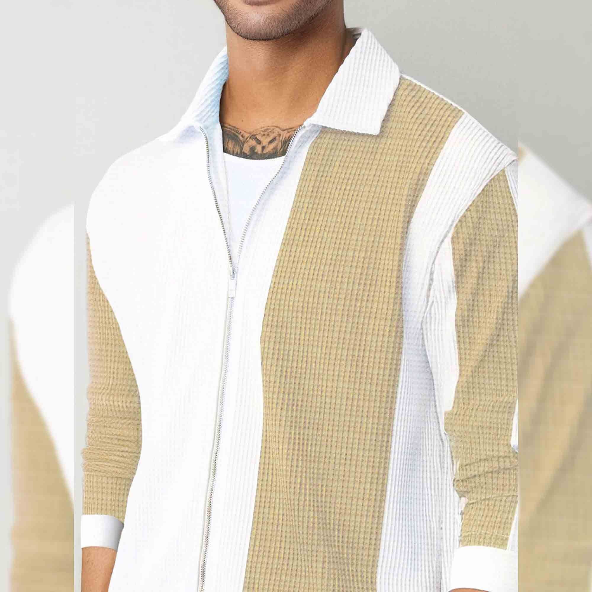 Mens Regular Fit Striped Casual Zipper Shirt White & Beige