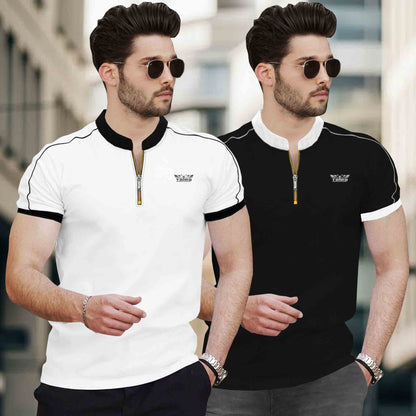 Men Pack of 2 Mandarin Collar Golden Zip Neck Combo Tshirts