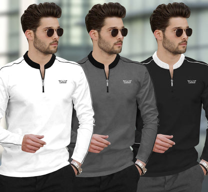 (Pack Of 3) Henley Neck Full Sleeve Colorblocked T-shirts