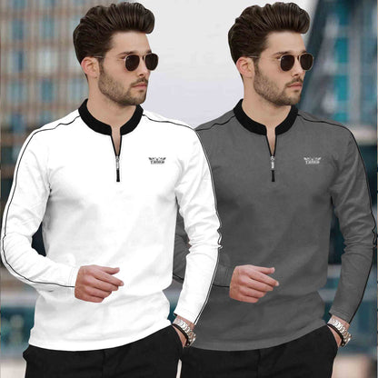 (Pack Of 2) Mandarin Neck Full Sleeve Multicolor Tshirts- 10 Variants