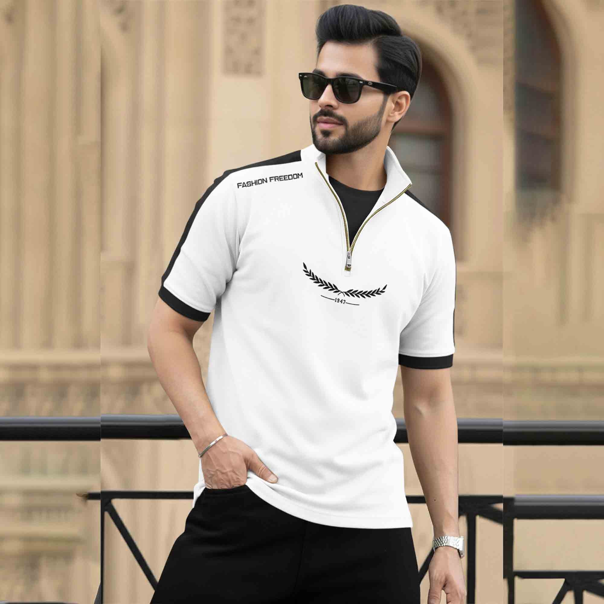 Dual Color High Neck Printed Tshirt White & Balck