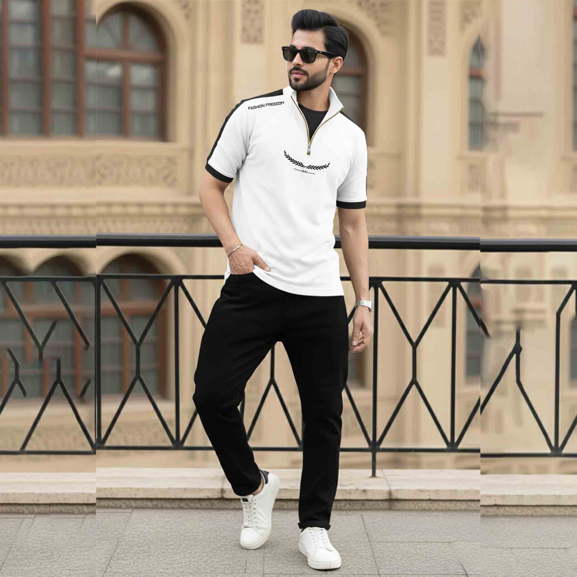 Dual Color High Neck Printed Tshirt White & Balck