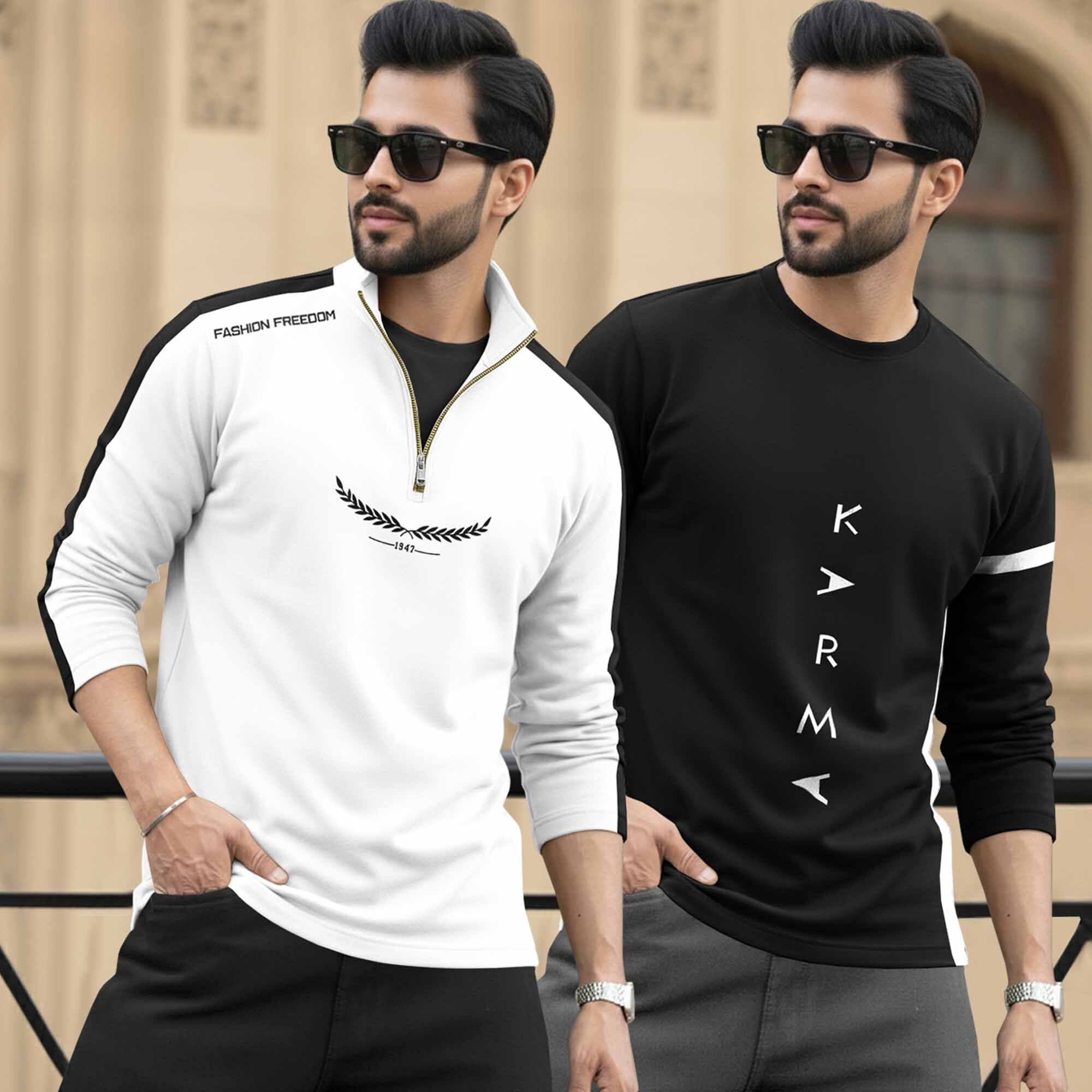 (Pack Of 2) Full Sleeve Printed T-shirts White & Black