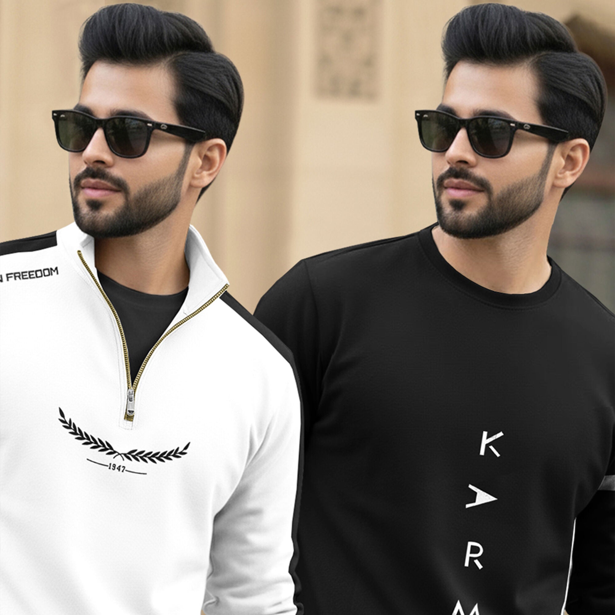 (Pack Of 2) Full Sleeve Printed T-shirts White & Black