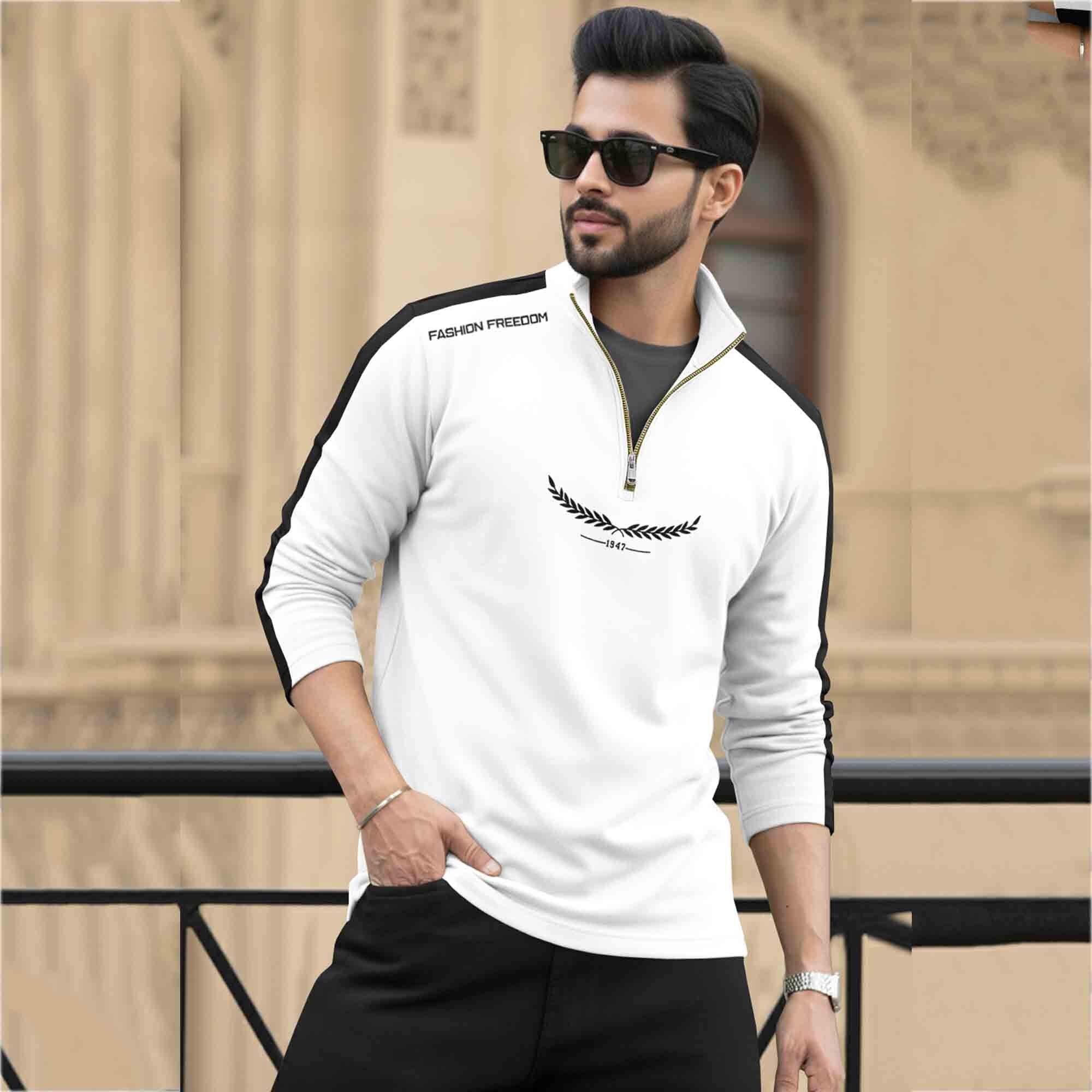 Men Full Sleeve Round Neck Cotton Blend White-Black T-Shirt