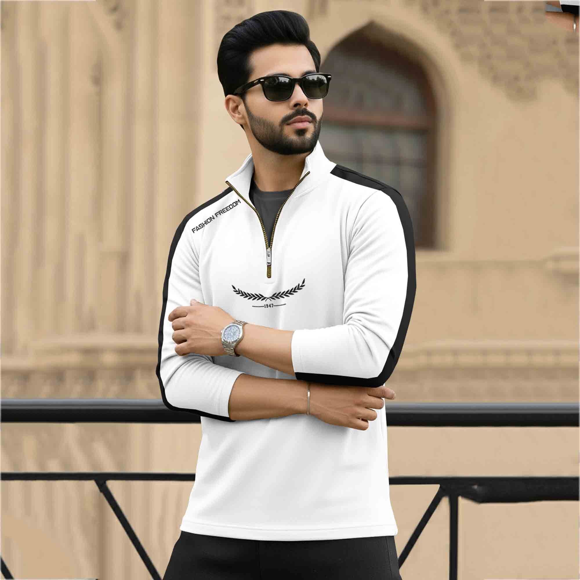 Men Full Sleeve Round Neck Cotton Blend White-Black T-Shirt