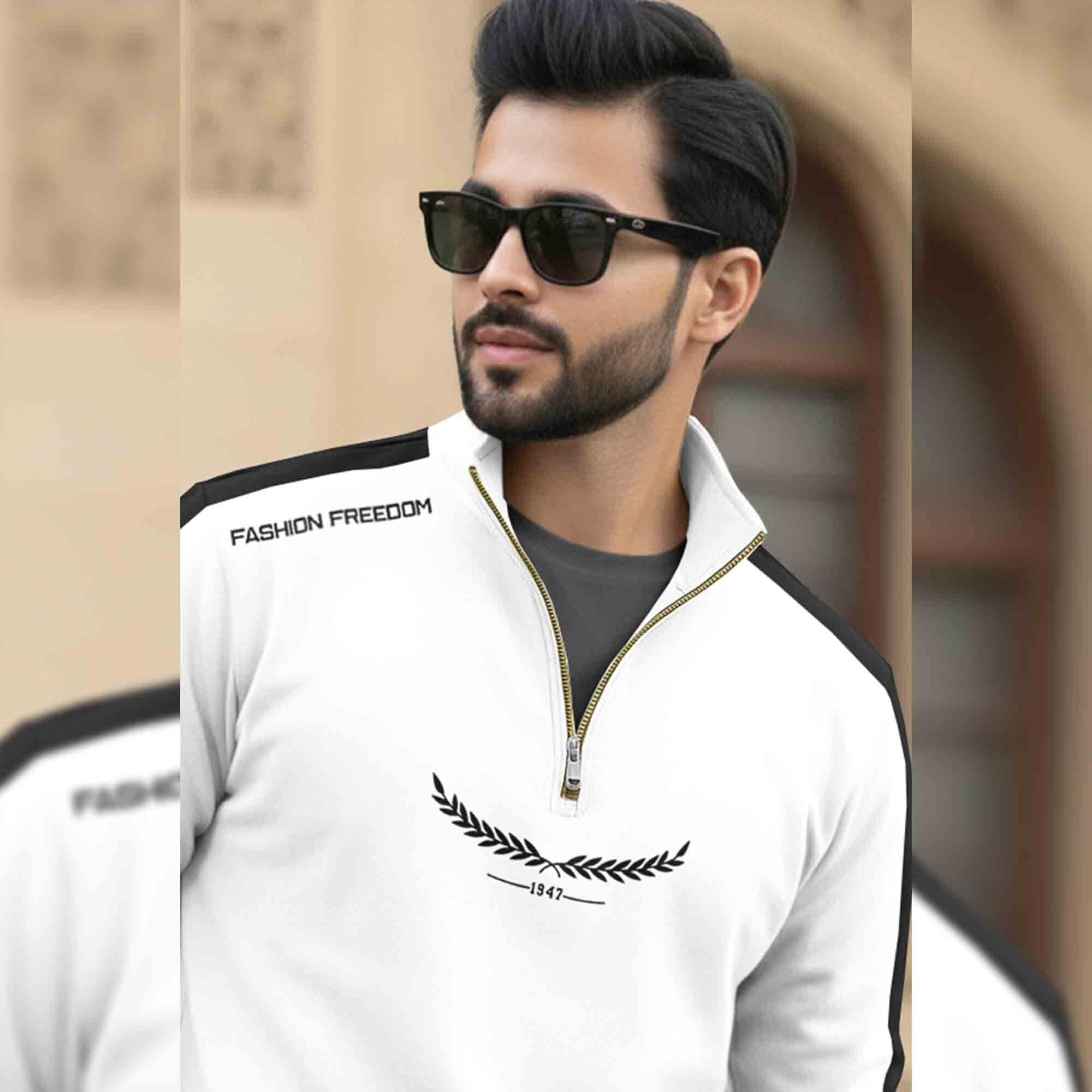 Men Full Sleeve Round Neck Cotton Blend White-Black T-Shirt