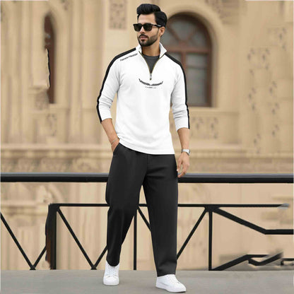 Men Full Sleeve Round Neck Cotton Blend White-Black T-Shirt