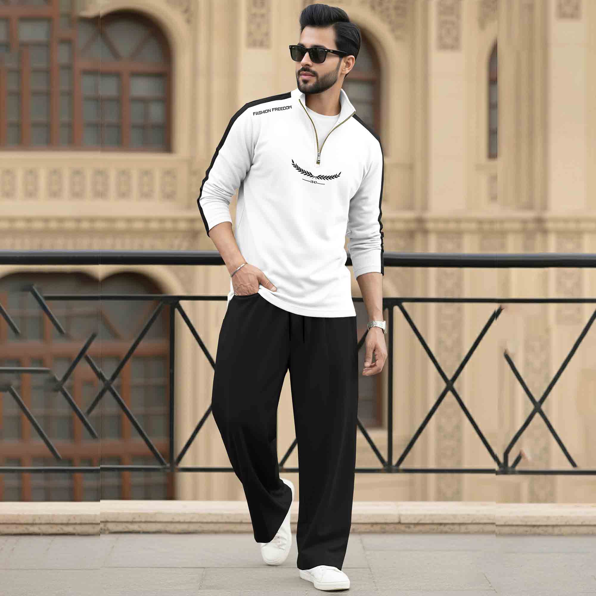 Men Tracksuit - High Neck Full Sleeve Printed T shirts & Plain Baggy pants- 15 Variants