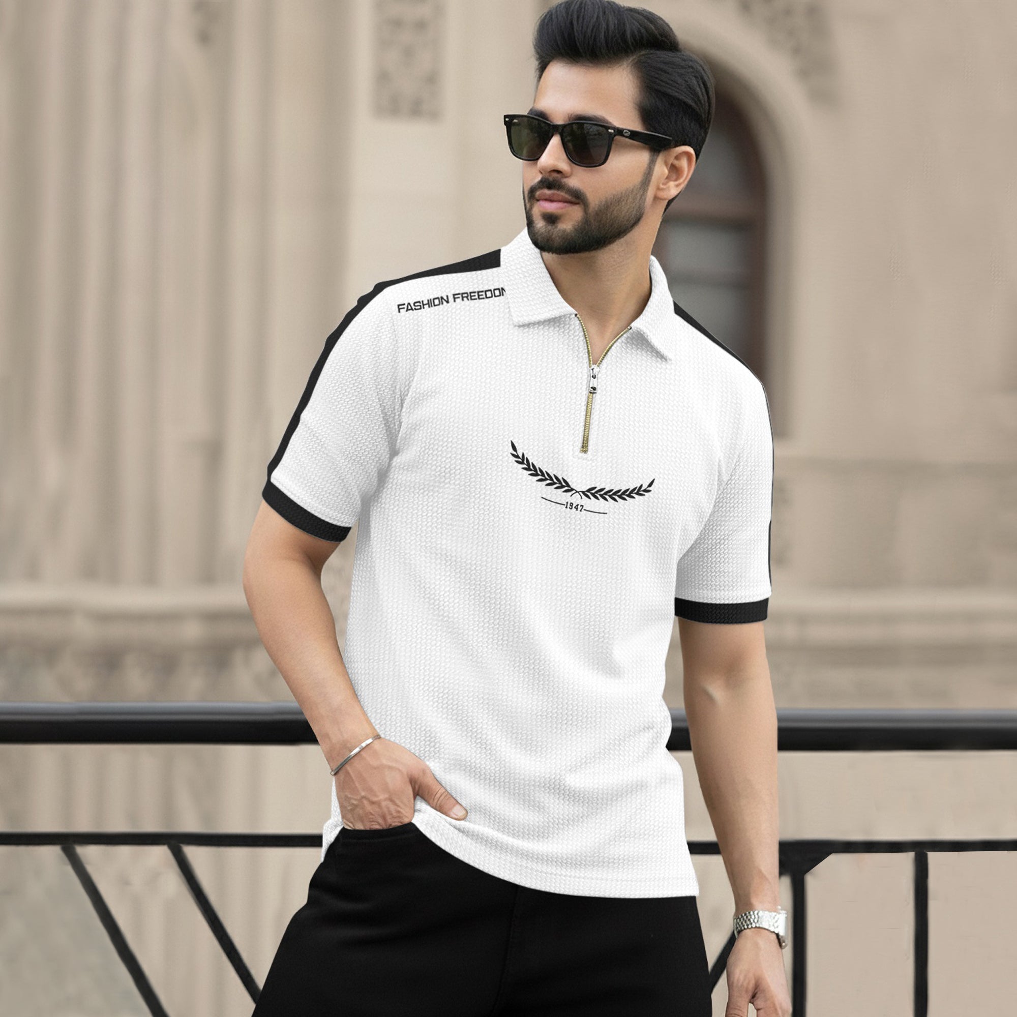 Men Quarter Zip Polo Neck Half Sleeve T-SHIRT White & Black